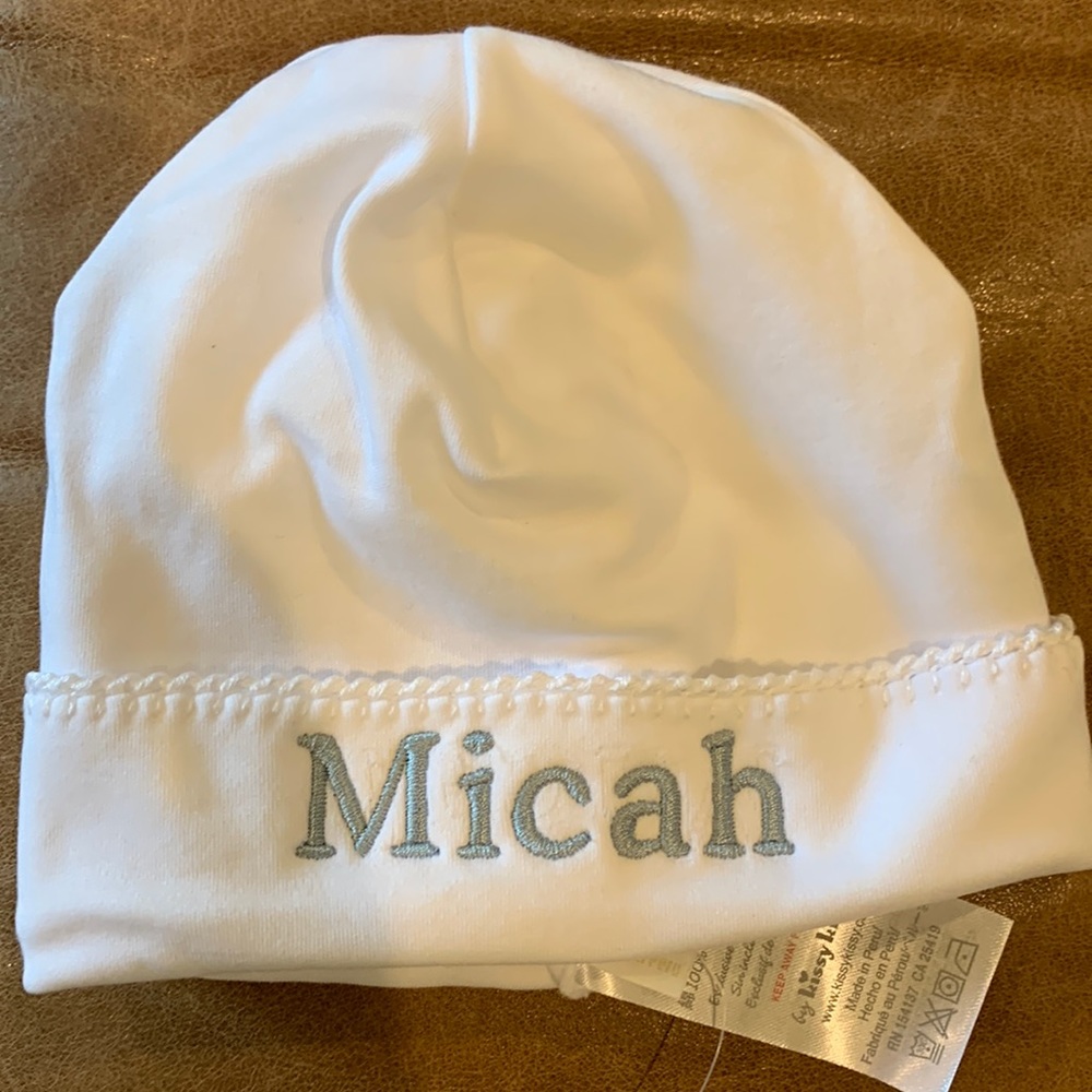 Kissy Kissy - Small 0-3 Month Monogrammed White hat with blue stitching “Micah”